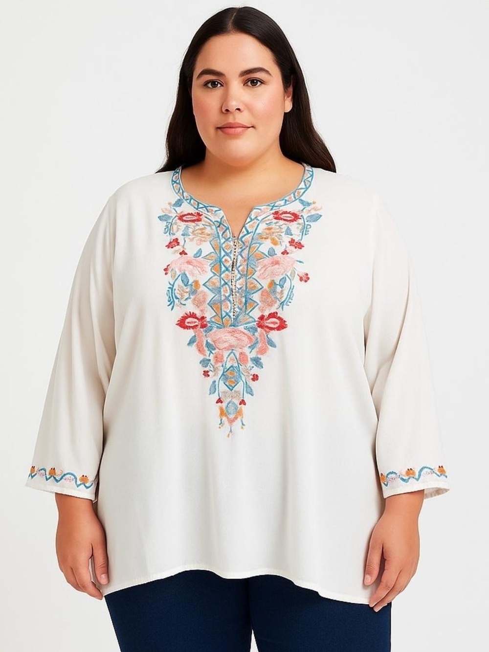 C&C California Tunic Top 2X White Embroidery Boho Floral Flowy Blouse 3/4 Sleeve